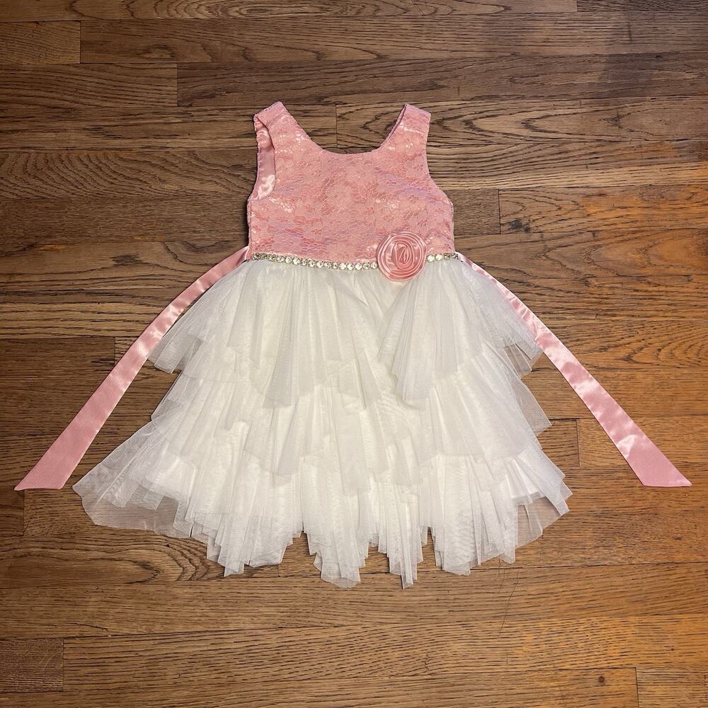 Size 3T Baby Girl Pink White Tulle Dress Jewel Belt Rose Party American Princess - Picture 9 of 16